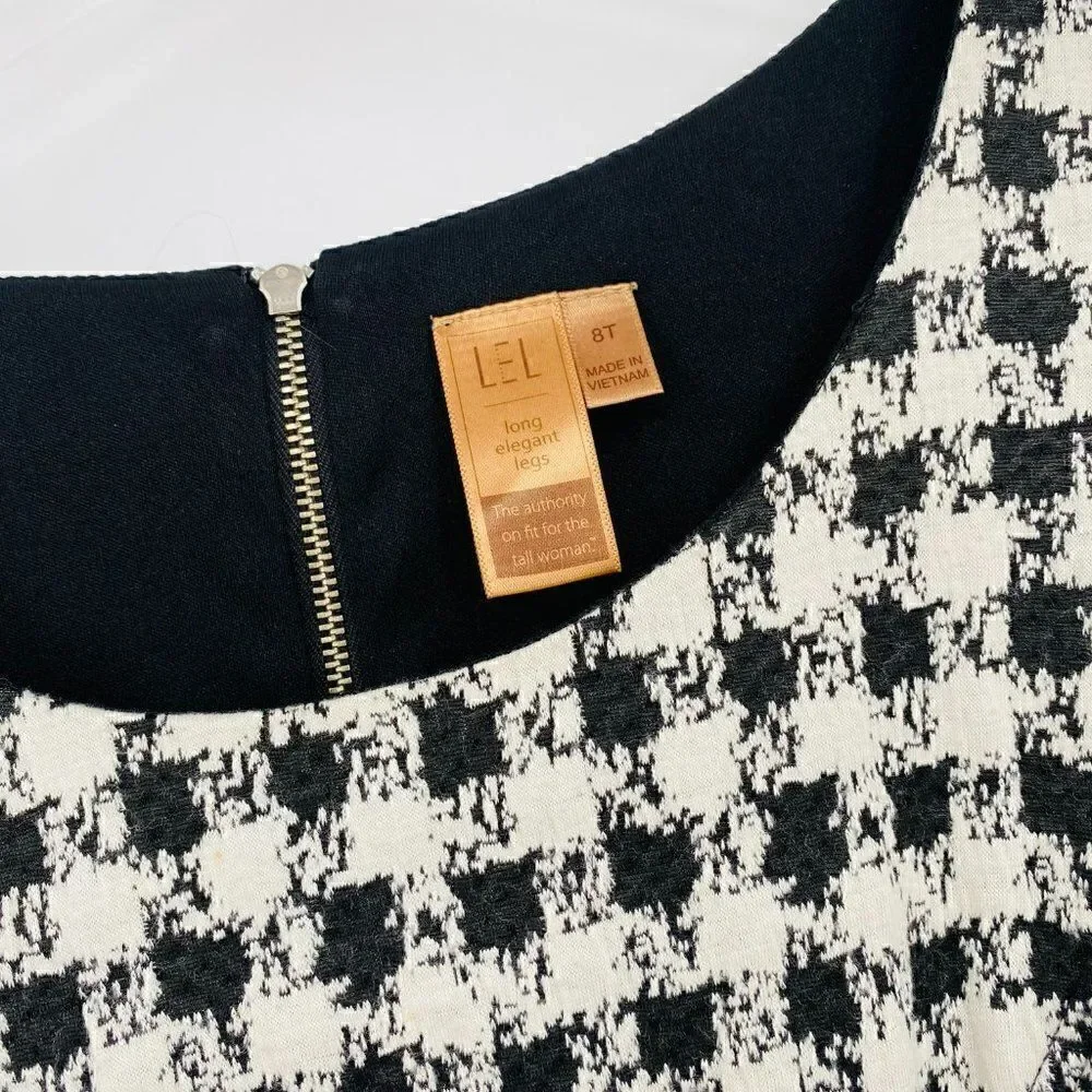 LEL Long Elegant Legs Size 8 Black & White Plaid 3/4 Sleeve Career Sheath Dress